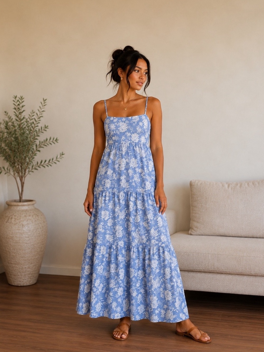 SO Blue Floral Tiered Maxi Dress XS | Cottagecore Summer Floral Dress
